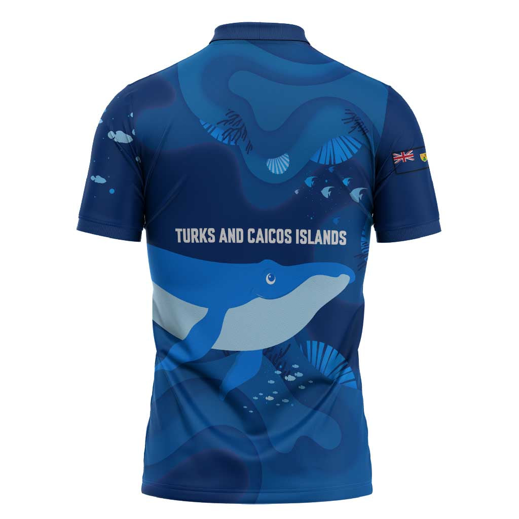 Turks and Caicos Islands Zipper Polo Shirt with Blue Ocean Whale and Coral Reef Design - Wonder Print Shop