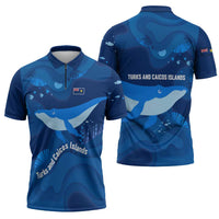 Turks and Caicos Islands Zipper Polo Shirt with Blue Ocean Whale and Coral Reef Design - Wonder Print Shop