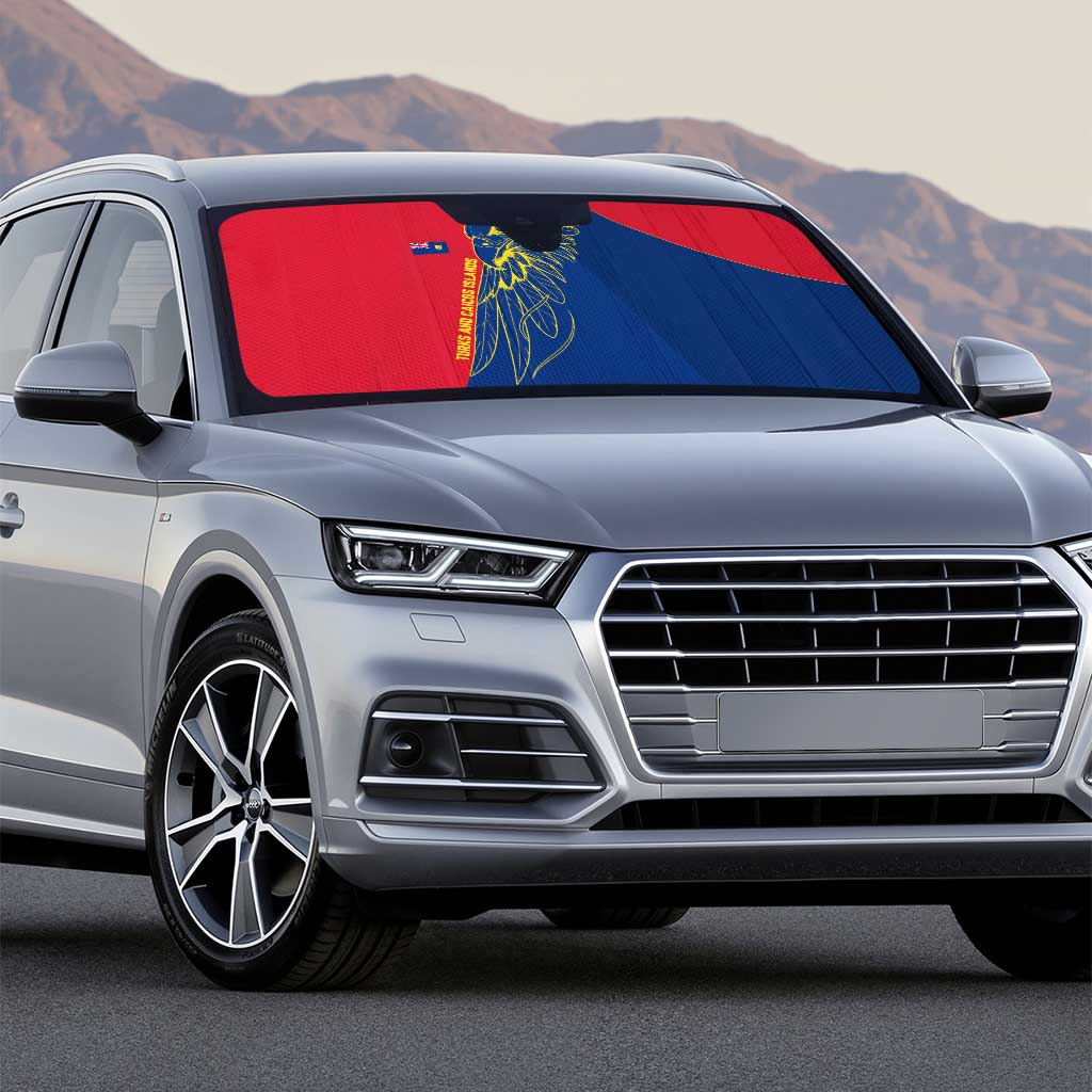Turks and Caicos Islands Auto Sun Shade with Yellow Hawk Outline and Red Blue Crest Design - Wonder Print Shop