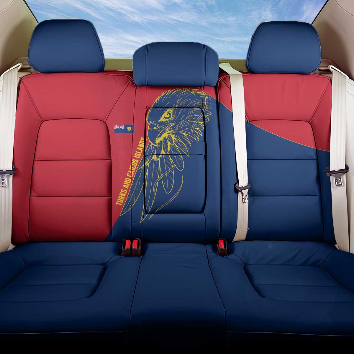 Turks and Caicos Islands Back Car Seat Cover with Yellow Hawk Outline and Red Blue Crest Design - Wonder Print Shop