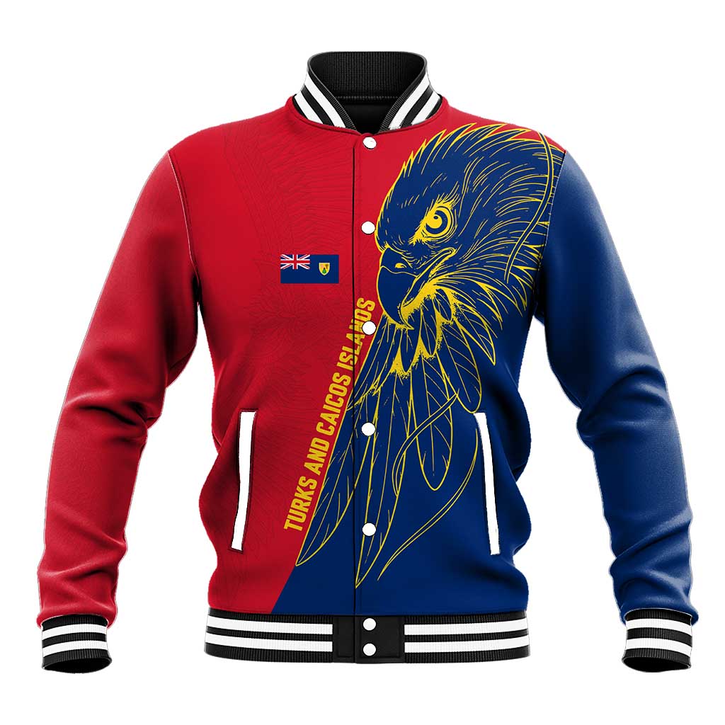 Turks and Caicos Islands Baseball Jacket with Yellow Hawk Outline and Red Blue Crest Design - Wonder Print Shop