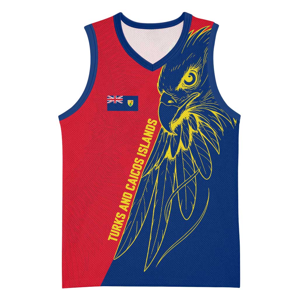 Turks and Caicos Islands Basketball Jersey with Yellow Hawk Outline and Red Blue Crest Design - Wonder Print Shop