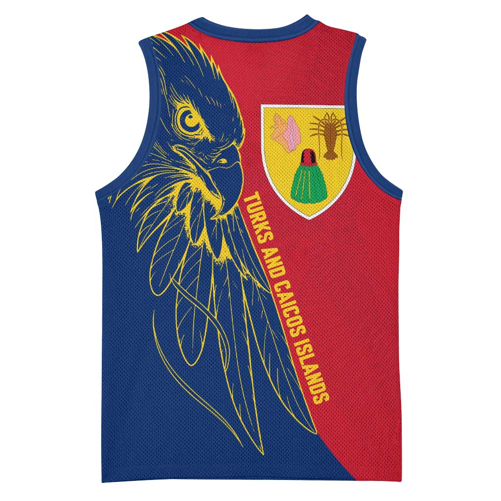 Turks and Caicos Islands Basketball Jersey with Yellow Hawk Outline and Red Blue Crest Design - Wonder Print Shop