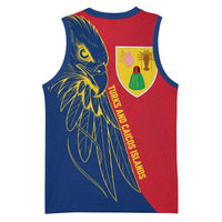 Turks and Caicos Islands Basketball Jersey with Yellow Hawk Outline and Red Blue Crest Design - Wonder Print Shop