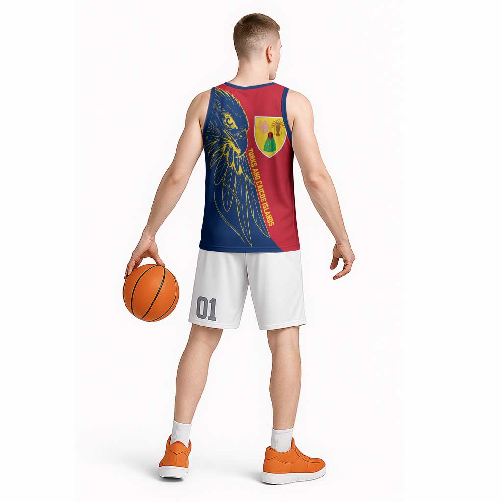 Turks and Caicos Islands Basketball Jersey with Yellow Hawk Outline and Red Blue Crest Design - Wonder Print Shop