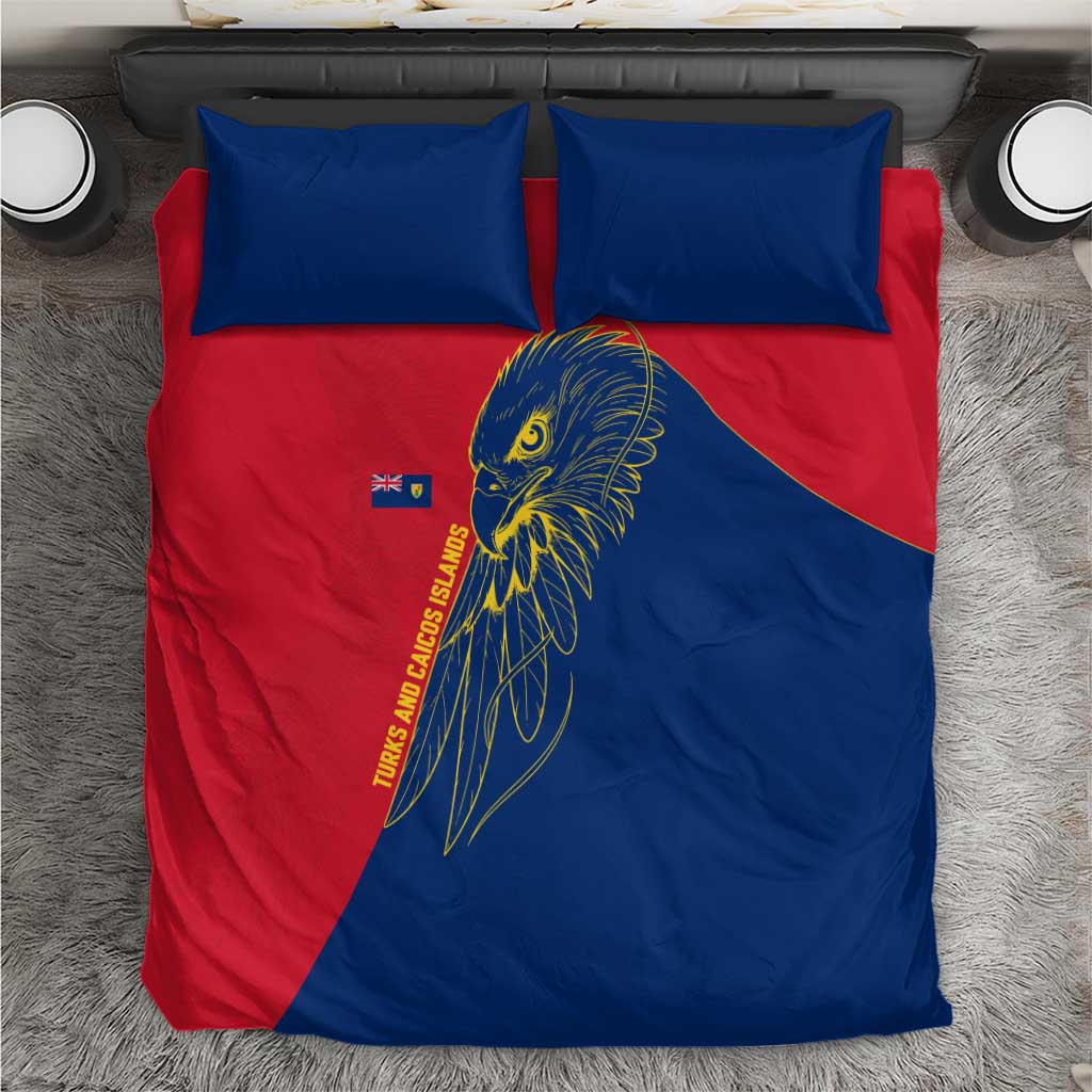 Turks and Caicos Islands Bedding Set with Yellow Hawk Outline and Red Blue Crest Design - Wonder Print Shop