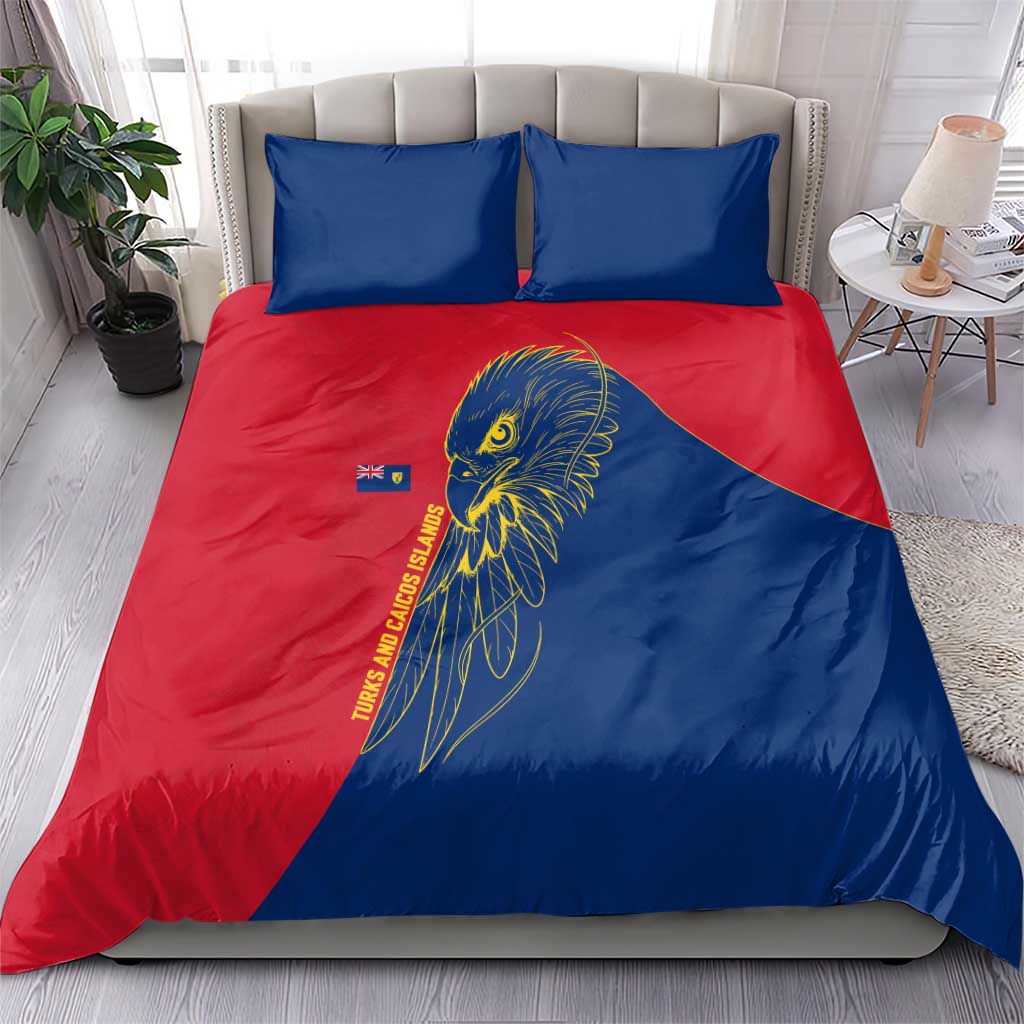 Turks and Caicos Islands Bedding Set with Yellow Hawk Outline and Red Blue Crest Design - Wonder Print Shop