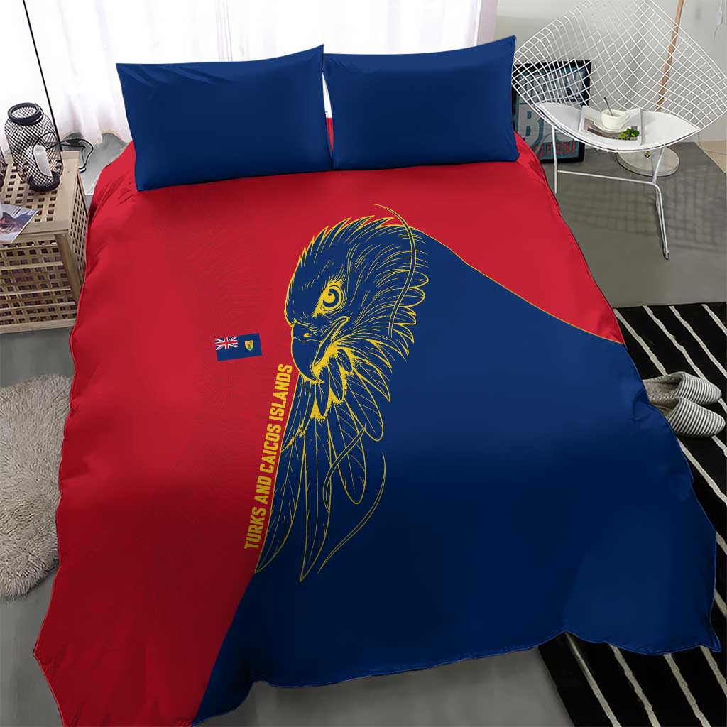 Turks and Caicos Islands Bedding Set with Yellow Hawk Outline and Red Blue Crest Design - Wonder Print Shop