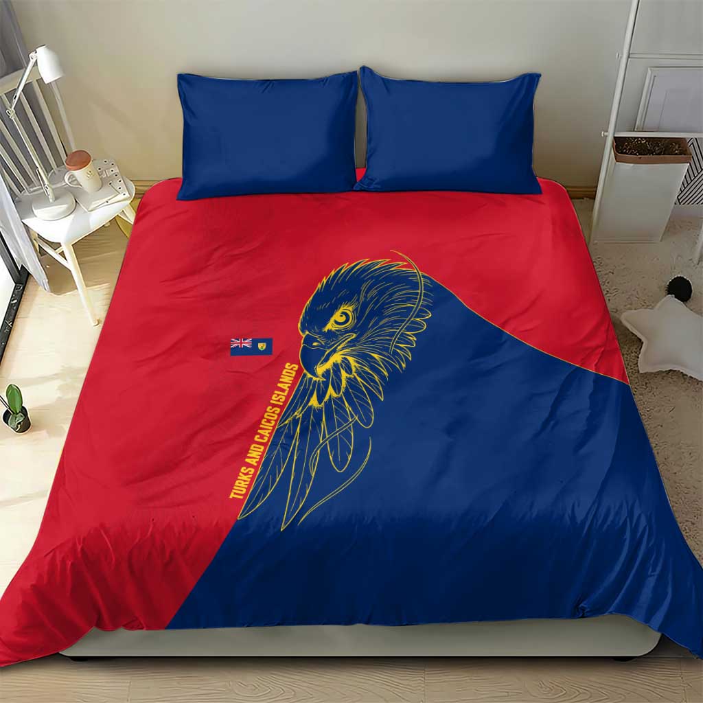 Turks and Caicos Islands Bedding Set with Yellow Hawk Outline and Red Blue Crest Design - Wonder Print Shop