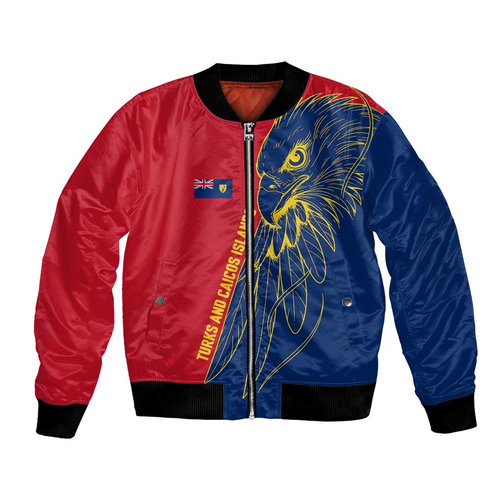 Turks and Caicos Islands Bomber Jacket with Yellow Hawk Outline and Red Blue Crest Design - Wonder Print Shop