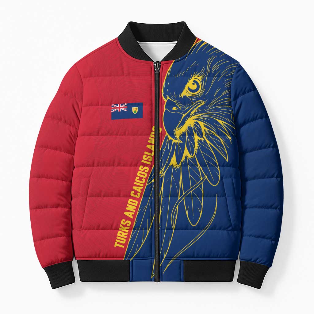 Turks and Caicos Islands Bomber Puffer Jacket with Yellow Hawk Outline and Red Blue Crest Design - Wonder Print Shop