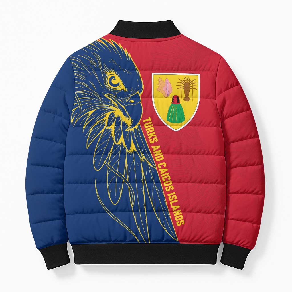 Turks and Caicos Islands Bomber Puffer Jacket with Yellow Hawk Outline and Red Blue Crest Design - Wonder Print Shop