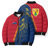 Turks and Caicos Islands Bomber Puffer Jacket with Yellow Hawk Outline and Red Blue Crest Design - Wonder Print Shop