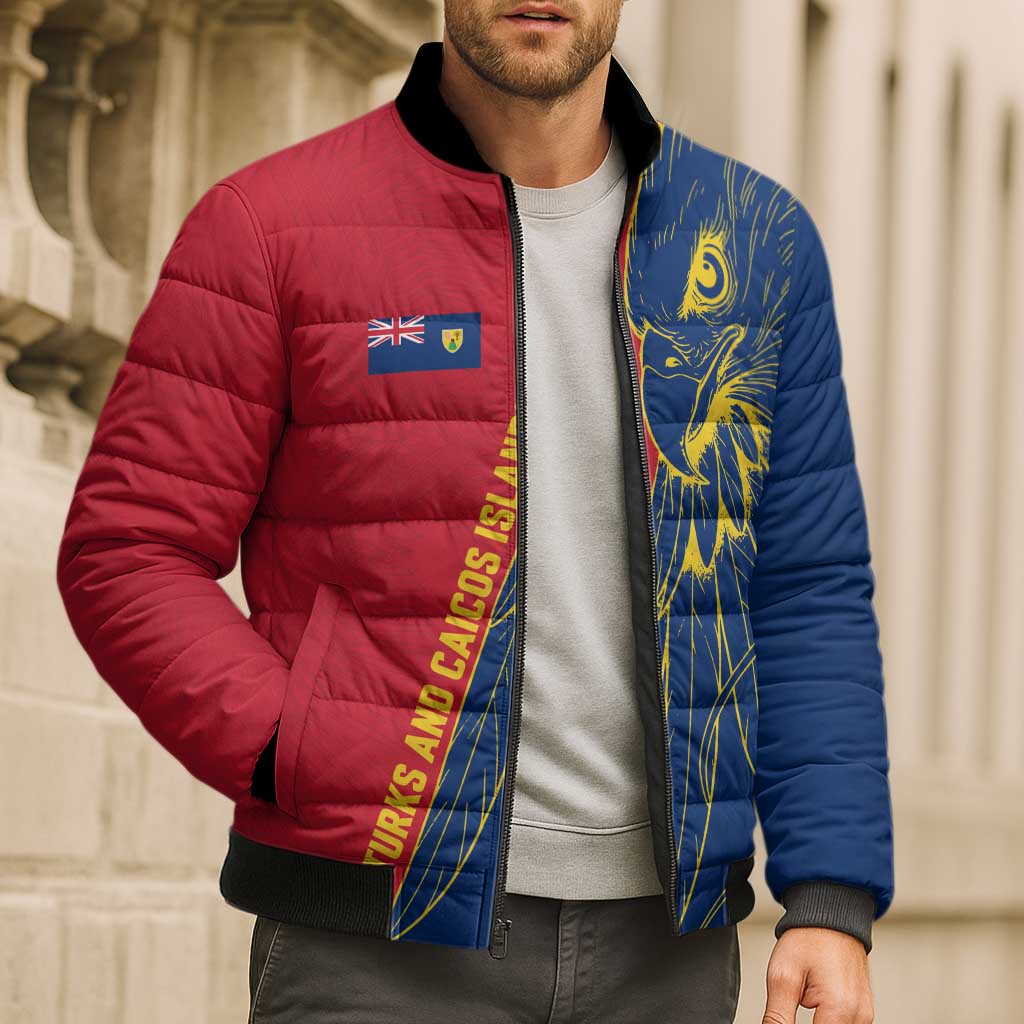 Turks and Caicos Islands Bomber Puffer Jacket with Yellow Hawk Outline and Red Blue Crest Design - Wonder Print Shop