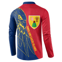 Turks and Caicos Islands Button Sweatshirt with Yellow Hawk Outline and Red Blue Crest Design - Wonder Print Shop
