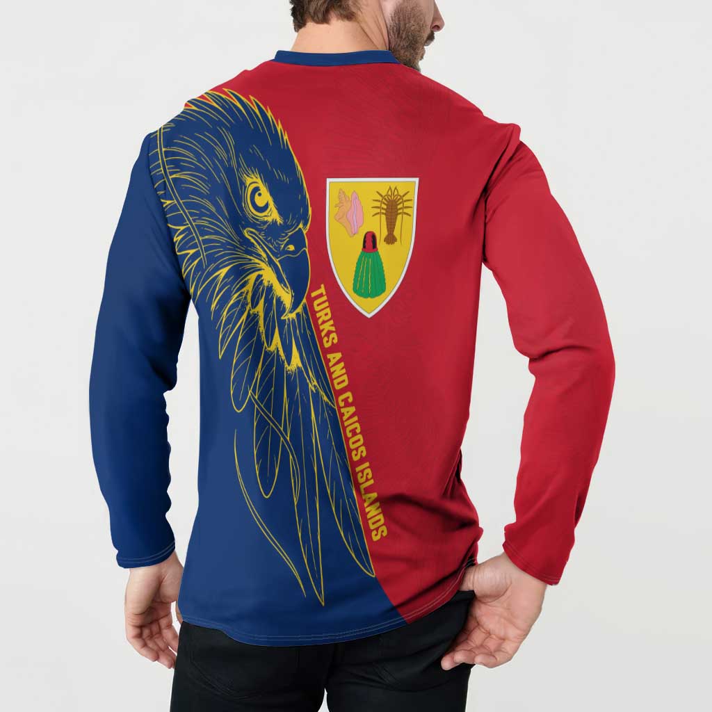 Turks and Caicos Islands Button Sweatshirt with Yellow Hawk Outline and Red Blue Crest Design - Wonder Print Shop