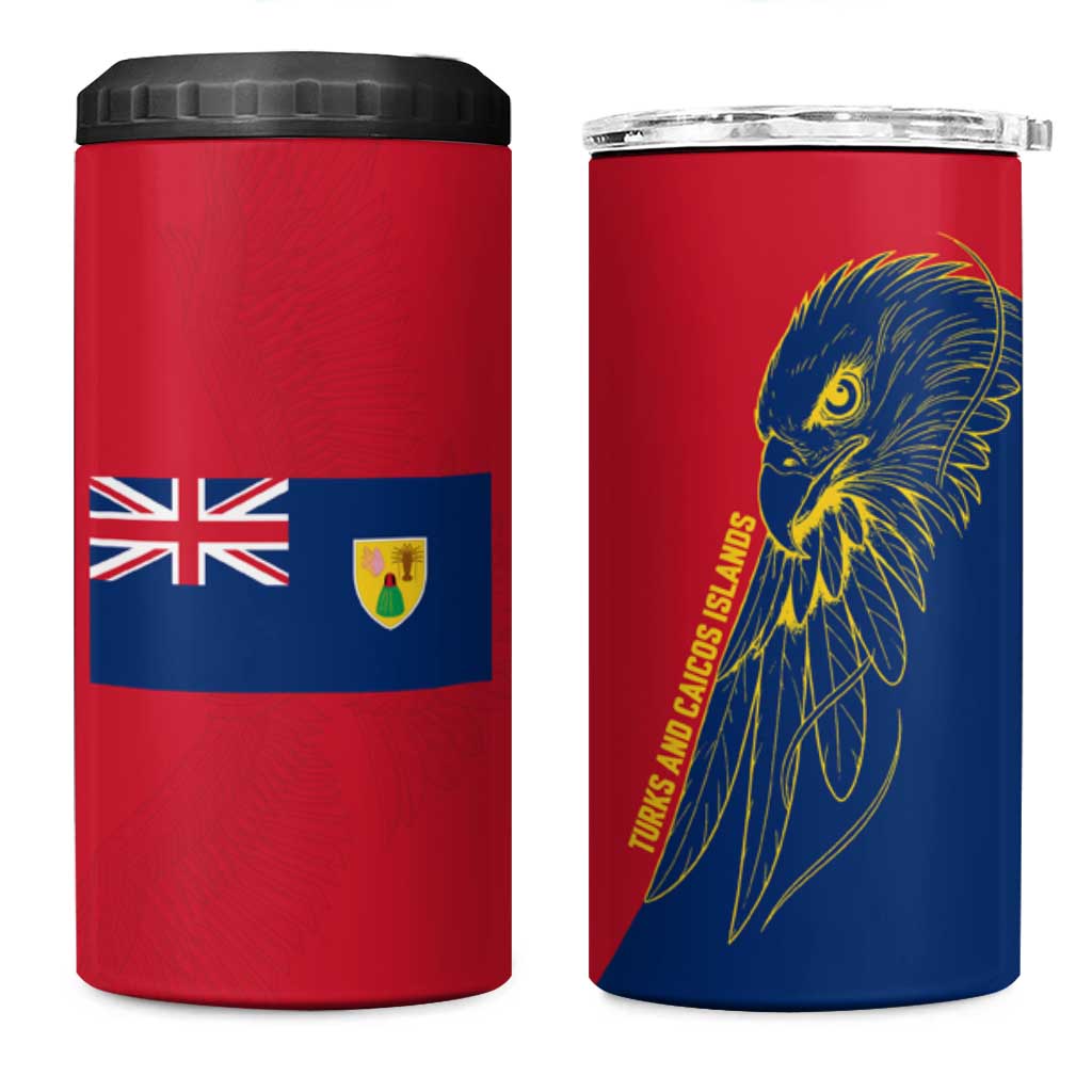 Turks and Caicos Islands 4 in 1 Can Cooler Tumbler with Yellow Hawk Outline and Red Blue Crest Design - Wonder Print Shop