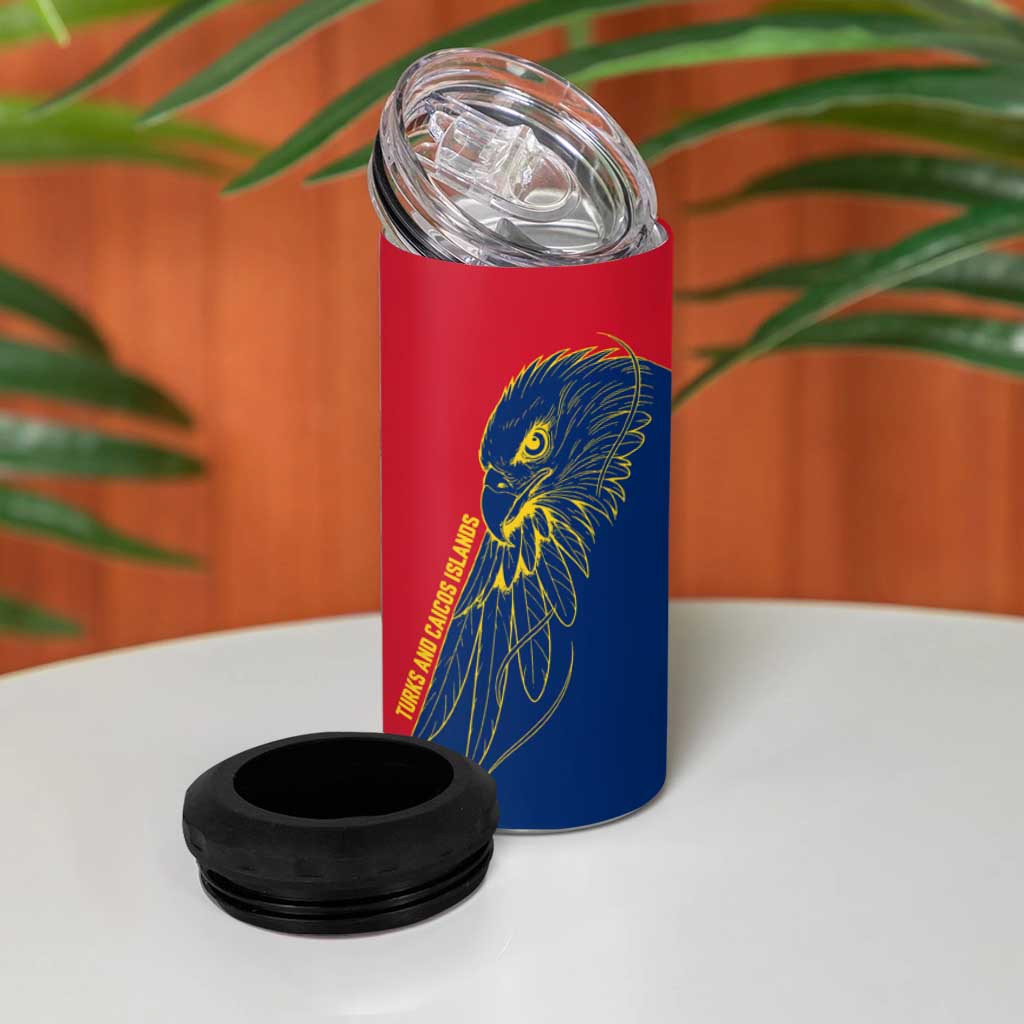 Turks and Caicos Islands 4 in 1 Can Cooler Tumbler with Yellow Hawk Outline and Red Blue Crest Design - Wonder Print Shop
