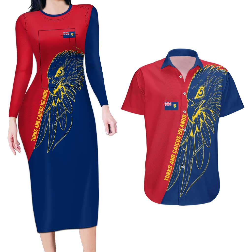 Turks and Caicos Islands Couples Matching Long Sleeve Bodycon Dress and Hawaiian Shirt with Yellow Hawk Outline and Red Blue Crest Design - Wonder Print Shop