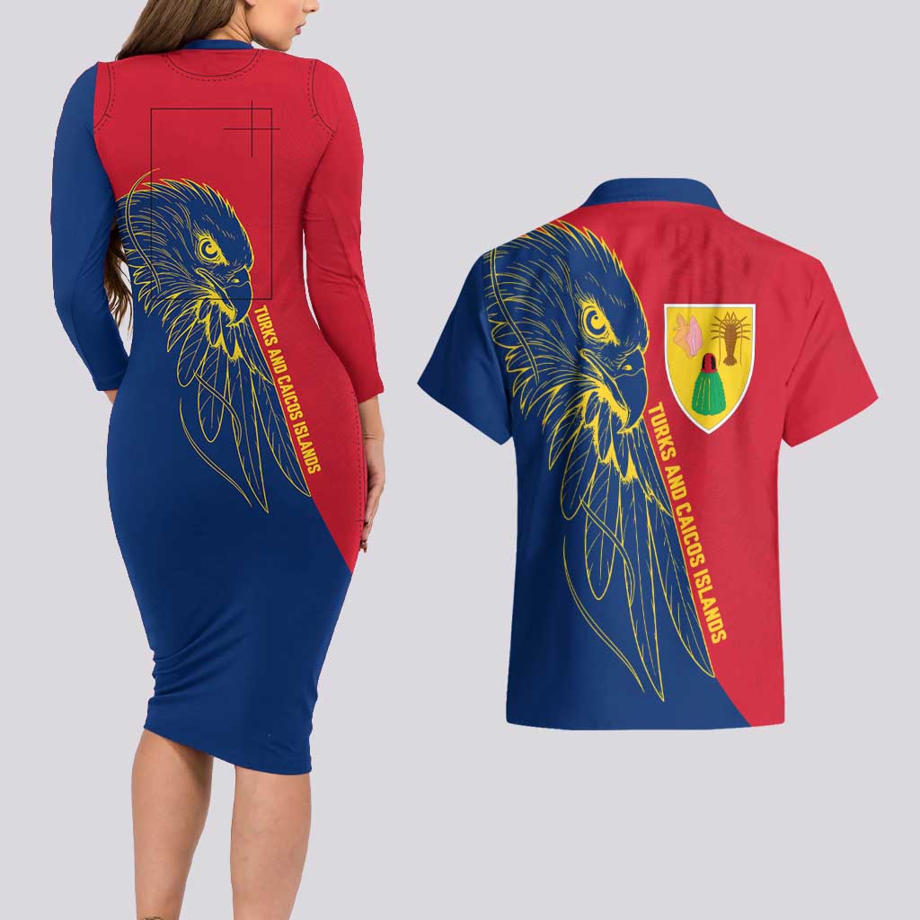Turks and Caicos Islands Couples Matching Long Sleeve Bodycon Dress and Hawaiian Shirt with Yellow Hawk Outline and Red Blue Crest Design - Wonder Print Shop