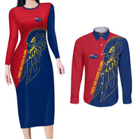Turks and Caicos Islands Couples Matching Long Sleeve Bodycon Dress and Long Sleeve Button Shirt with Yellow Hawk Outline and Red Blue Crest Design - Wonder Print Shop