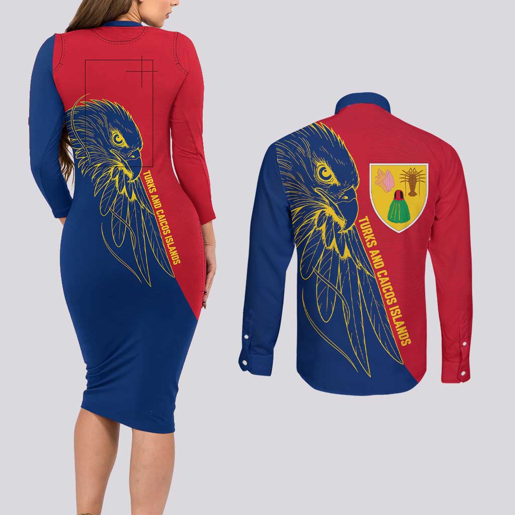 Turks and Caicos Islands Couples Matching Long Sleeve Bodycon Dress and Long Sleeve Button Shirt with Yellow Hawk Outline and Red Blue Crest Design - Wonder Print Shop