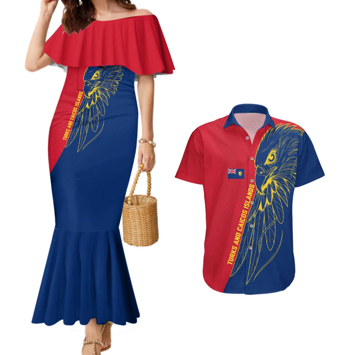 Turks and Caicos Islands Couples Matching Mermaid Dress and Hawaiian Shirt with Yellow Hawk Outline and Red Blue Crest Design - Wonder Print Shop