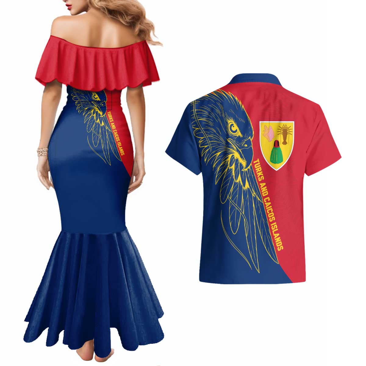 Turks and Caicos Islands Couples Matching Mermaid Dress and Hawaiian Shirt with Yellow Hawk Outline and Red Blue Crest Design - Wonder Print Shop