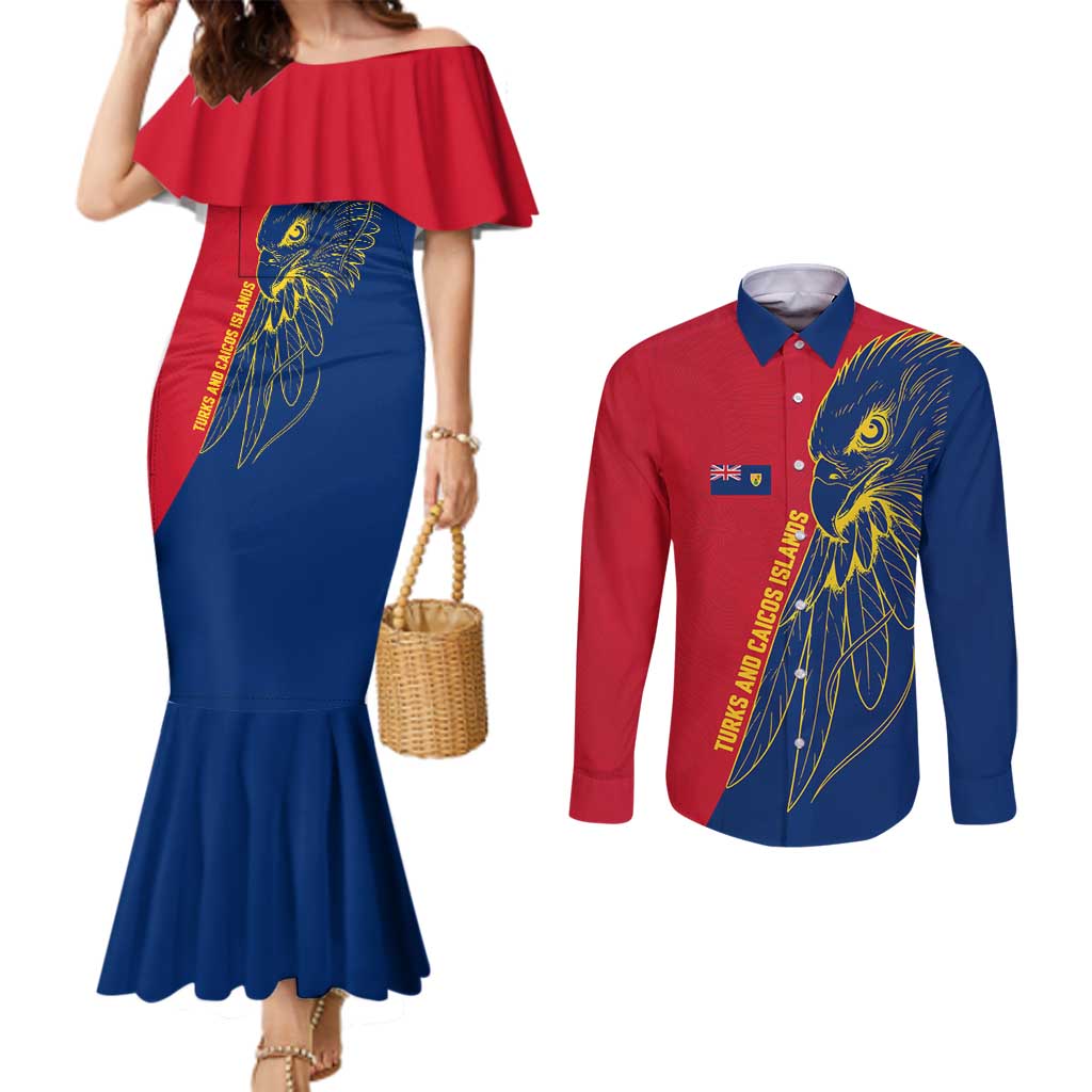 Turks and Caicos Islands Couples Matching Mermaid Dress and Long Sleeve Button Shirt with Yellow Hawk Outline and Red Blue Crest Design - Wonder Print Shop