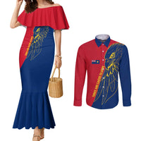 Turks and Caicos Islands Couples Matching Mermaid Dress and Long Sleeve Button Shirt with Yellow Hawk Outline and Red Blue Crest Design - Wonder Print Shop