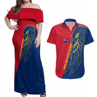 Turks and Caicos Islands Couples Matching Off Shoulder Maxi Dress and Hawaiian Shirt with Yellow Hawk Outline and Red Blue Crest Design - Wonder Print Shop