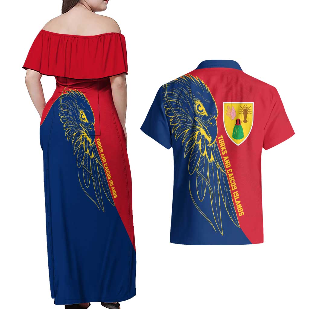 Turks and Caicos Islands Couples Matching Off Shoulder Maxi Dress and Hawaiian Shirt with Yellow Hawk Outline and Red Blue Crest Design - Wonder Print Shop