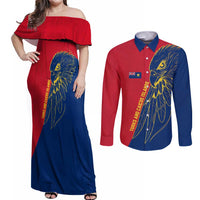 Turks and Caicos Islands Couples Matching Off Shoulder Maxi Dress and Long Sleeve Button Shirt with Yellow Hawk Outline and Red Blue Crest Design - Wonder Print Shop