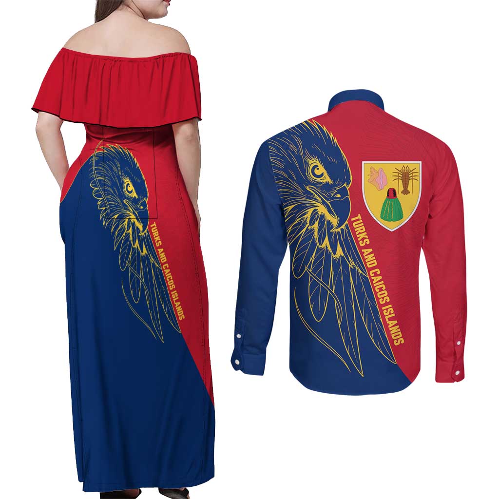 Turks and Caicos Islands Couples Matching Off Shoulder Maxi Dress and Long Sleeve Button Shirt with Yellow Hawk Outline and Red Blue Crest Design - Wonder Print Shop
