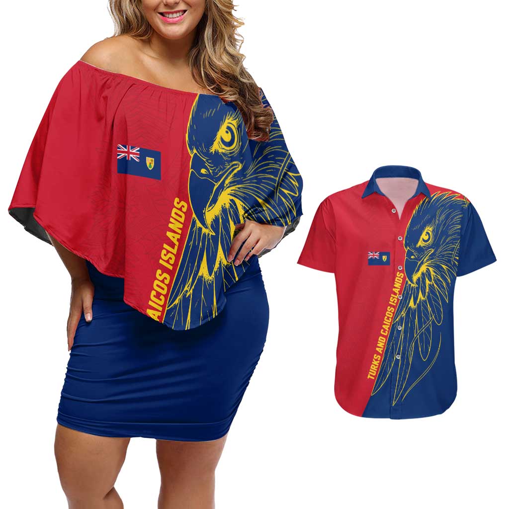 Turks and Caicos Islands Couples Matching Off Shoulder Short Dress and Hawaiian Shirt with Yellow Hawk Outline and Red Blue Crest Design - Wonder Print Shop