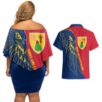 Turks and Caicos Islands Couples Matching Off Shoulder Short Dress and Hawaiian Shirt with Yellow Hawk Outline and Red Blue Crest Design - Wonder Print Shop