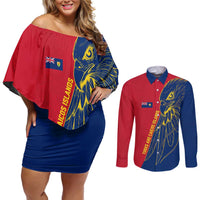 Turks and Caicos Islands Couples Matching Off Shoulder Short Dress and Long Sleeve Button Shirt with Yellow Hawk Outline and Red Blue Crest Design - Wonder Print Shop