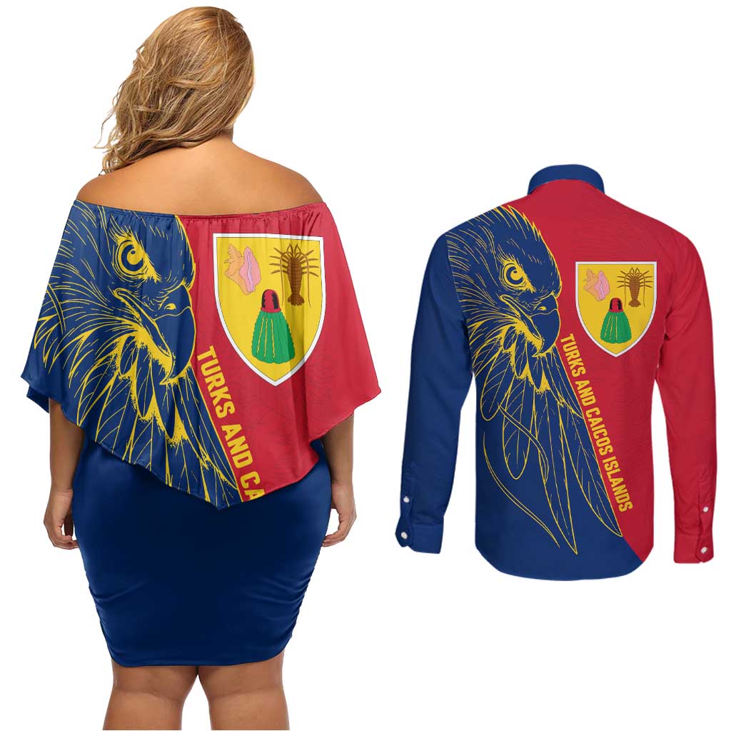 Turks and Caicos Islands Couples Matching Off Shoulder Short Dress and Long Sleeve Button Shirt with Yellow Hawk Outline and Red Blue Crest Design - Wonder Print Shop