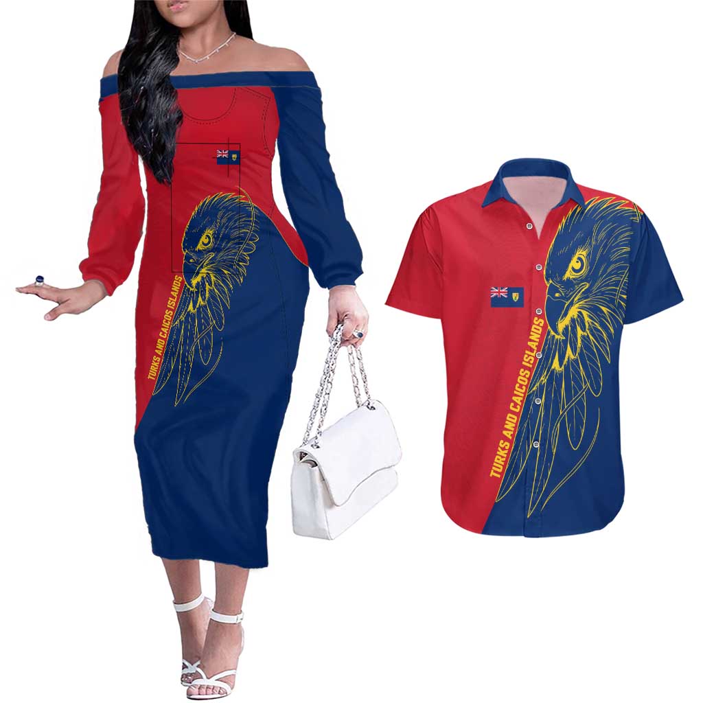 Turks and Caicos Islands Couples Matching Off The Shoulder Long Sleeve Dress and Hawaiian Shirt with Yellow Hawk Outline and Red Blue Crest Design - Wonder Print Shop