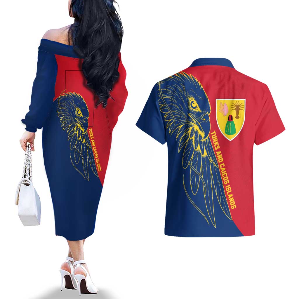 Turks and Caicos Islands Couples Matching Off The Shoulder Long Sleeve Dress and Hawaiian Shirt with Yellow Hawk Outline and Red Blue Crest Design - Wonder Print Shop