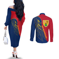 Turks and Caicos Islands Couples Matching Off The Shoulder Long Sleeve Dress and Long Sleeve Button Shirt with Yellow Hawk Outline and Red Blue Crest Design - Wonder Print Shop