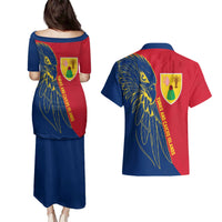 Turks and Caicos Islands Couples Matching Puletasi and Hawaiian Shirt with Yellow Hawk Outline and Red Blue Crest Design - Wonder Print Shop