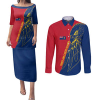 Turks and Caicos Islands Couples Matching Puletasi and Long Sleeve Button Shirt with Yellow Hawk Outline and Red Blue Crest Design - Wonder Print Shop