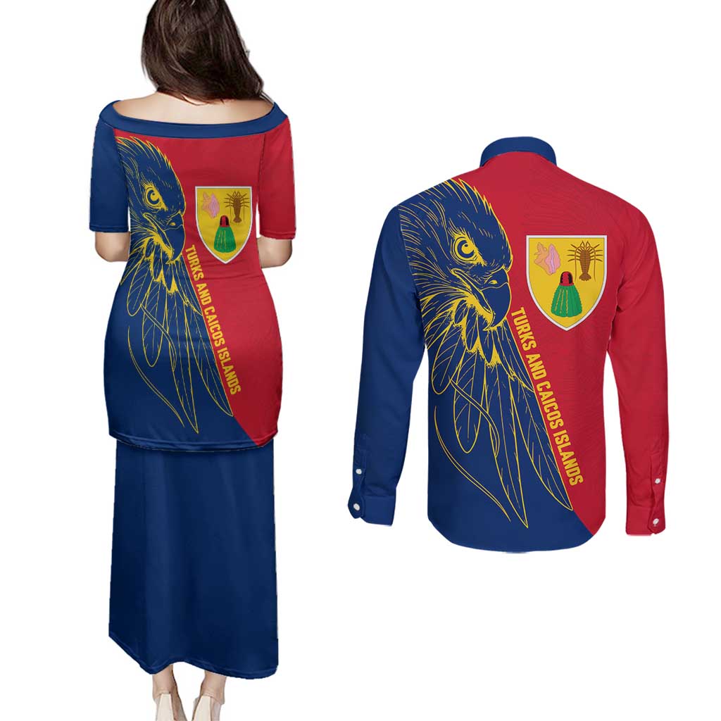 Turks and Caicos Islands Couples Matching Puletasi and Long Sleeve Button Shirt with Yellow Hawk Outline and Red Blue Crest Design - Wonder Print Shop