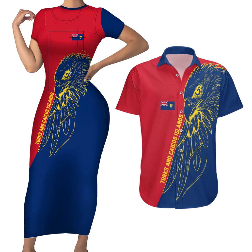 Turks and Caicos Islands Couples Matching Short Sleeve Bodycon Dress and Hawaiian Shirt with Yellow Hawk Outline and Red Blue Crest Design - Wonder Print Shop