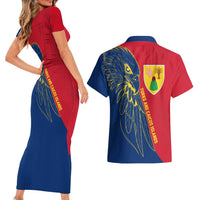 Turks and Caicos Islands Couples Matching Short Sleeve Bodycon Dress and Hawaiian Shirt with Yellow Hawk Outline and Red Blue Crest Design - Wonder Print Shop