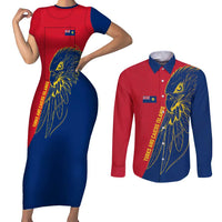 Turks and Caicos Islands Couples Matching Short Sleeve Bodycon Dress and Long Sleeve Button Shirt with Yellow Hawk Outline and Red Blue Crest Design - Wonder Print Shop