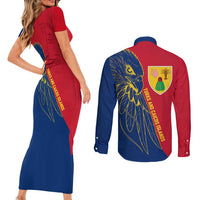 Turks and Caicos Islands Couples Matching Short Sleeve Bodycon Dress and Long Sleeve Button Shirt with Yellow Hawk Outline and Red Blue Crest Design - Wonder Print Shop