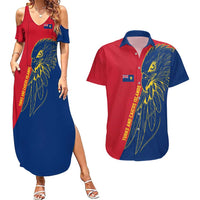 Turks and Caicos Islands Couples Matching Summer Maxi Dress and Hawaiian Shirt with Yellow Hawk Outline and Red Blue Crest Design - Wonder Print Shop