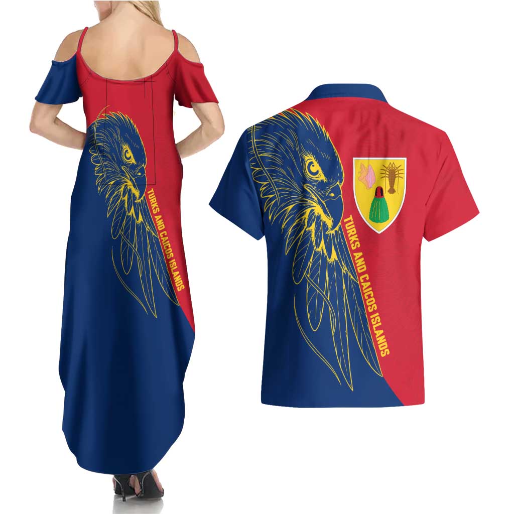 Turks and Caicos Islands Couples Matching Summer Maxi Dress and Hawaiian Shirt with Yellow Hawk Outline and Red Blue Crest Design - Wonder Print Shop